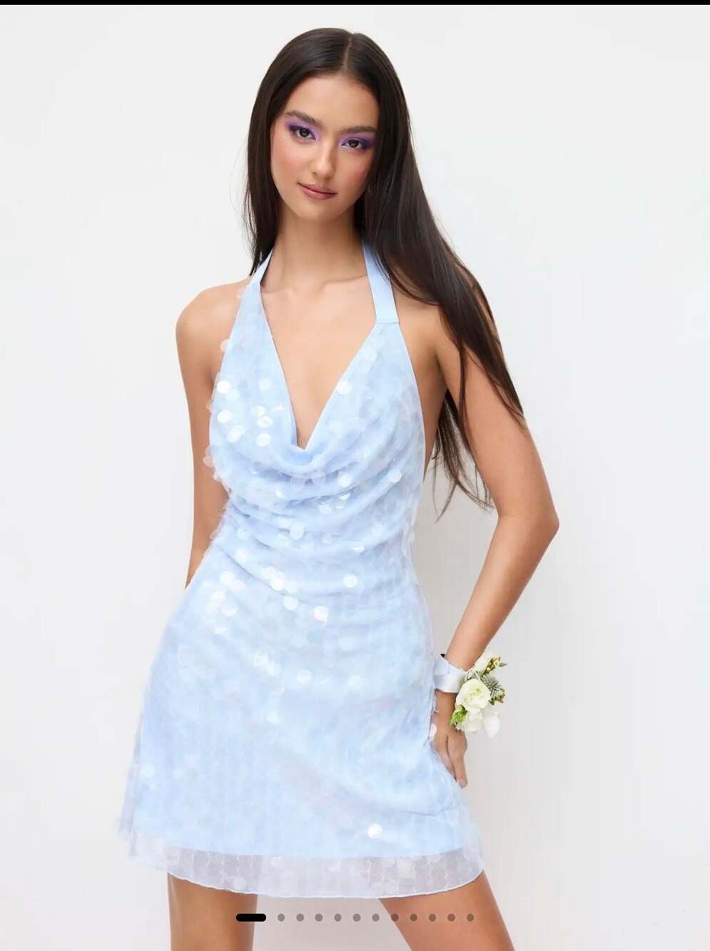 Cider Light Blue Paillette Sequin Halter Mini Dress Size L